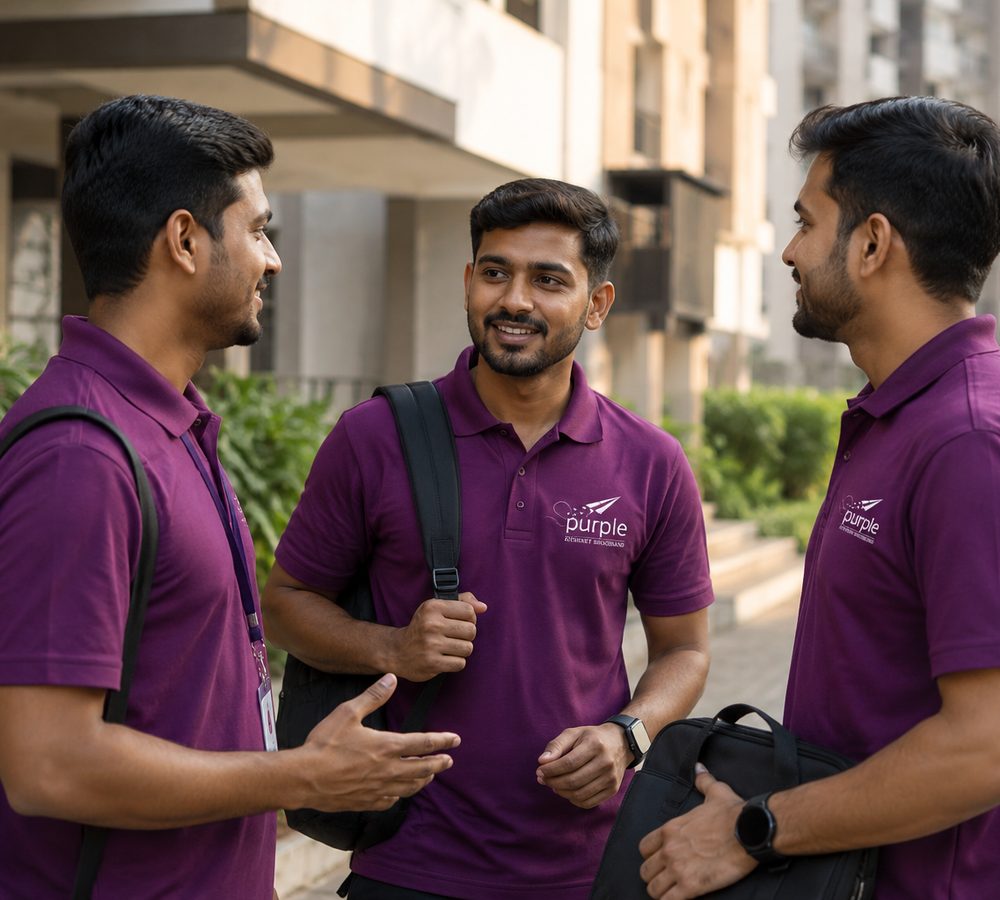 Purple Broadband technicians talking outside a residential building in Pune