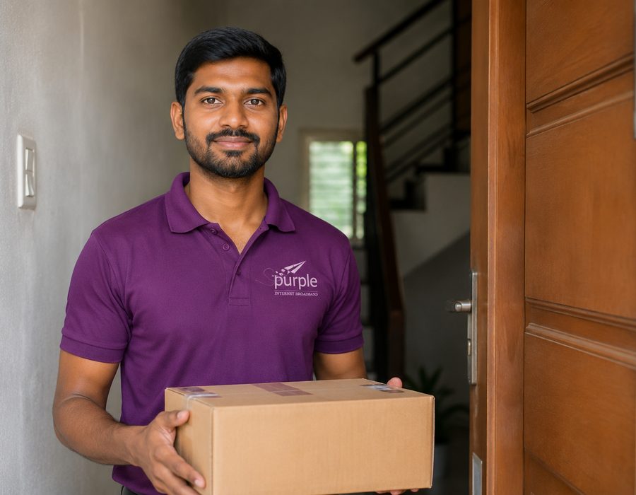 Purple team member delivering a router to a customer's doorstep