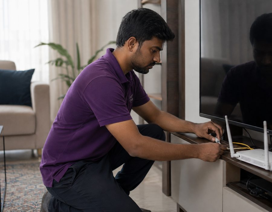 Purple technician installing a Wi-Fi router