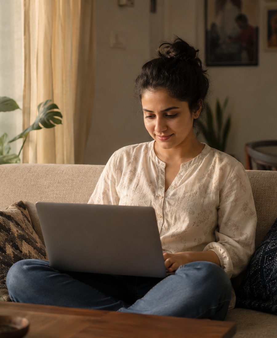 Woman relaxing at home on her laptop, connected on Purple Broadband