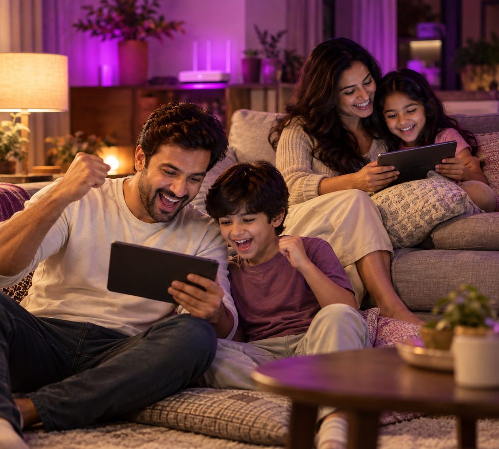Family enjoying gaming and streaming together on Purple Broadband